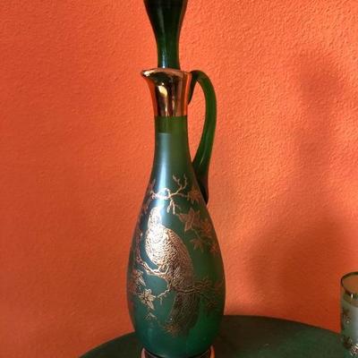 060:   Glass Bird Painted Mid Century Decanter with Six Glasses