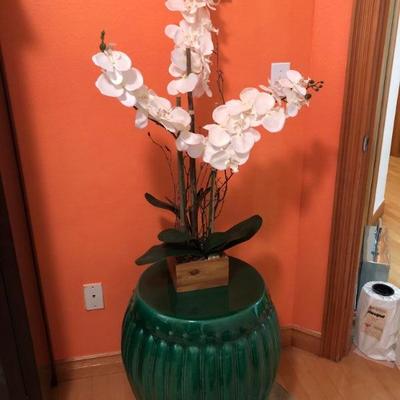 054:  Ethan Allen Barrel Side Table with Silk Potted Orchid