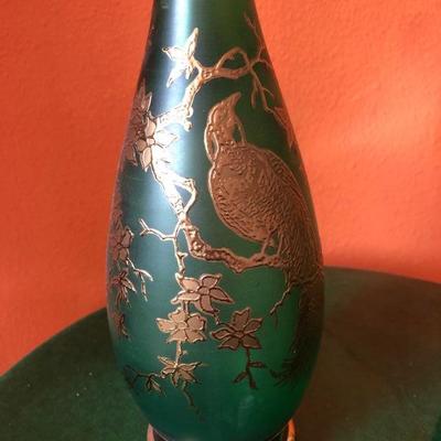 060:   Glass Bird Painted Mid Century Decanter with Six Glasses