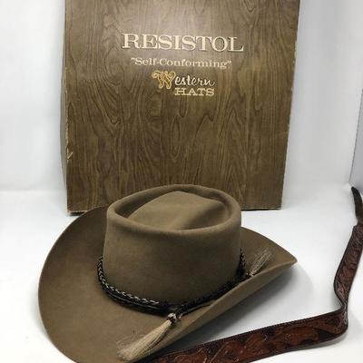 193: Resistol Western Leather Works Hand Creased Hat and Small Leather Belt
