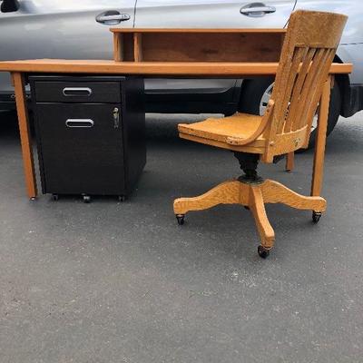 042: Wood Office Desk with File Cabinet and Chair