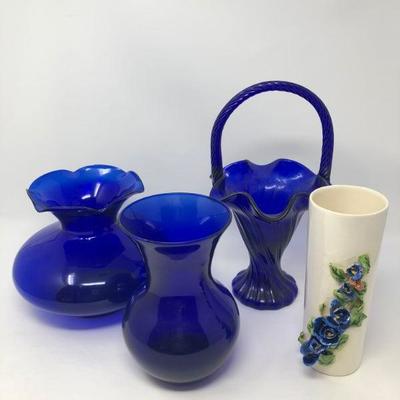 077:  Fenton Blue Cobalt Basket Vase and other Assorted  Vases 