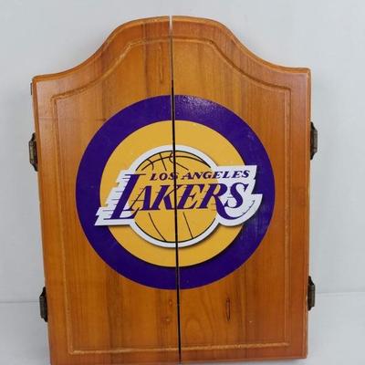 Los Angeles Lakers Dart Board Cabinet with 6 Darts. White Board Scoring
