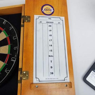 Los Angeles Lakers Dart Board Cabinet with 6 Darts. White Board Scoring