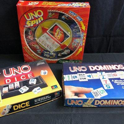 lot of 3 UNO games - UNO Dice UNO Dominos and UNO Spin