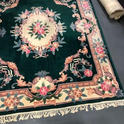 Green Floral Wool Rug Chinese 7 -1/2' x 9'