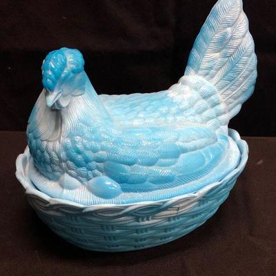 Blue Hen-in-basket - Heisey