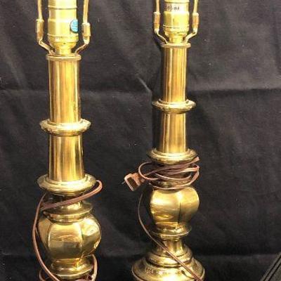 STIFFEL, Hollywood Regency Solid Heavy BRASS Table Lamps With Black Shades 