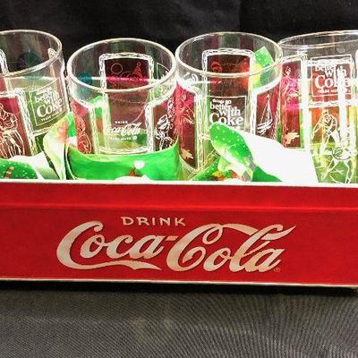 Things go better with Coke Glasses (with Sporting Theme and tin tray