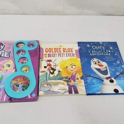 3 Kids Books, My Little Pony Songbook, Olaf's Frozen Adv. & Goldie Blox - New