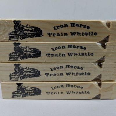 4 Iron Horse Train Wooden Whistles - New