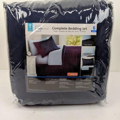 Mainstays Twin Navy Complete Bedding Set 6 pc - New