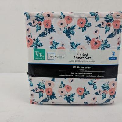 180 Thread Count Twin/Twin XL Floral 3 pc Sheet Set - New