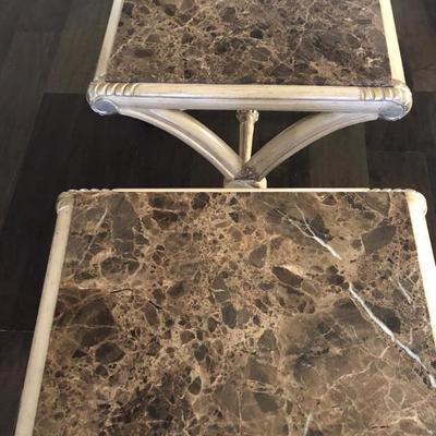 2 wood end tables with marble tops