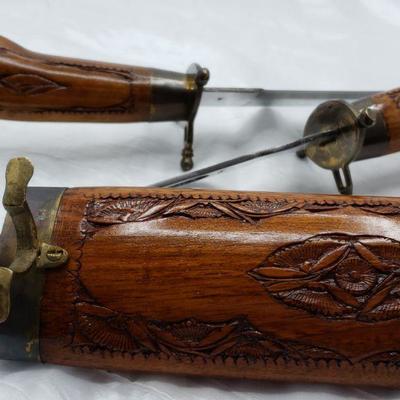 Wood engraved carving knife and fork 