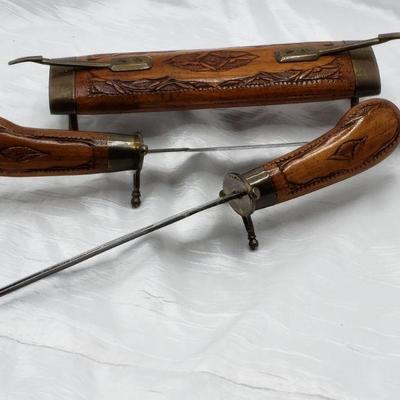 Wood engraved carving knife and fork 