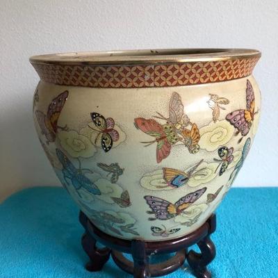 119: CloisonnÃ© Style Pot On Wood Stand With Silk Plant