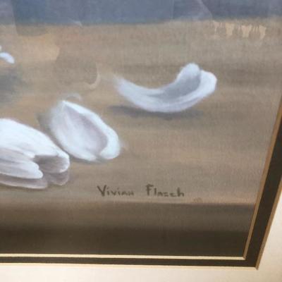 118:  Vivian Flasch Framed Print, Footstool and Potted Silk Floral Arrangement 