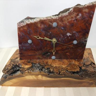 131:  Hand Crafted Wood and Petrified Wood Piece Mantle Clock