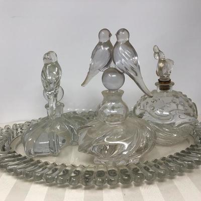 129:  Beautiful Vintage Bird and Fish Perfume Bottles With Tray