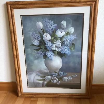 118:  Vivian Flasch Framed Print, Footstool and Potted Silk Floral Arrangement 
