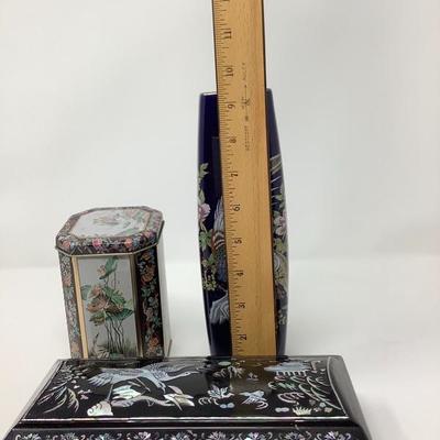 041:  Black Japanese Hand Crafted Stoneware, Abalone shell box, Vase and Tin