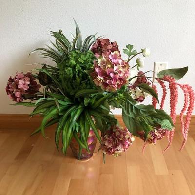 118:  Vivian Flasch Framed Print, Footstool and Potted Silk Floral Arrangement 