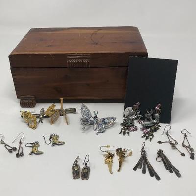 081:  Vintage Wood Jewel Box and Whimsey Jewelry