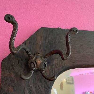 003:  Antique Solid Wood Beveled Mirror and Hat Rack  