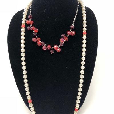 076:  Crystal Vintage Necklace, Faux Pearls Strands, Cluster Vintage Earrings