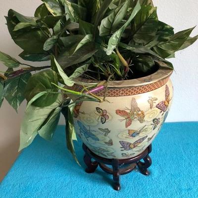 119: CloisonnÃ© Style Pot On Wood Stand With Silk Plant