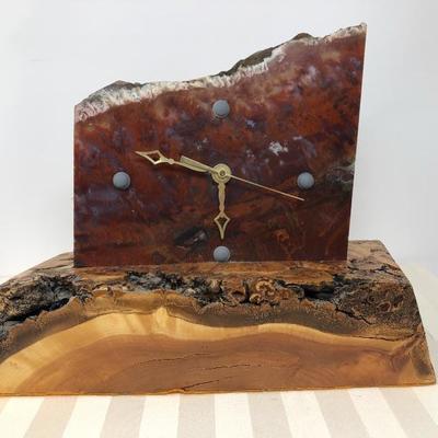 131:  Hand Crafted Wood and Petrified Wood Piece Mantle Clock
