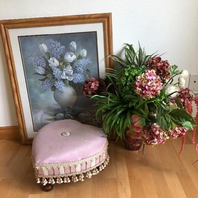 118:  Vivian Flasch Framed Print, Footstool and Potted Silk Floral Arrangement 