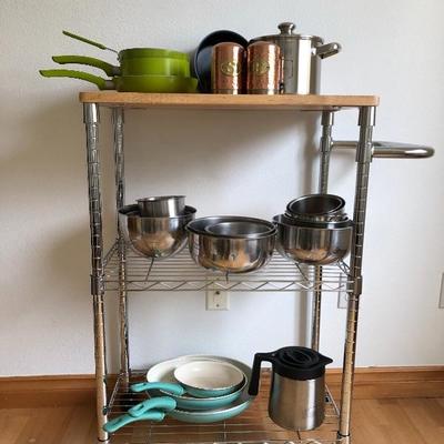 098: Rolling Kitchen Cart Full of Bowls and Pans 