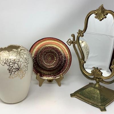 029:  Vanity Mirror,  Clar-est Vase, Glass Plate on Plate Stand