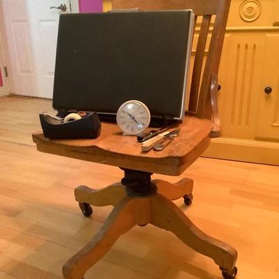 220:  Vintage Solid  Wood Office Chair, Brief Case and Other Office Items