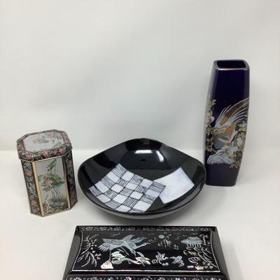 041:  Black Japanese Hand Crafted Stoneware, Abalone shell box, Vase and Tin