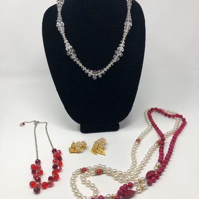 076:  Crystal Vintage Necklace, Faux Pearls Strands, Cluster Vintage Earrings