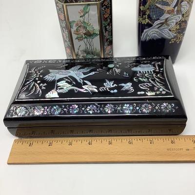 041:  Black Japanese Hand Crafted Stoneware, Abalone shell box, Vase and Tin