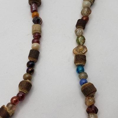 Long wood and glass beaded  necklace