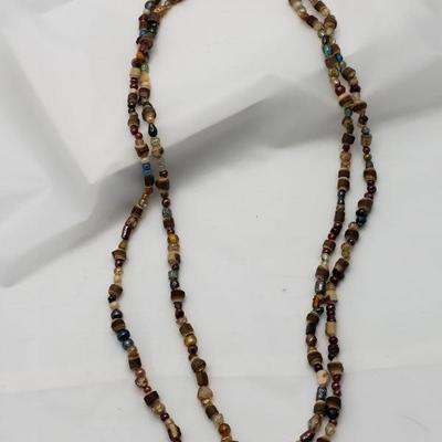 Long wood and glass beaded  necklace