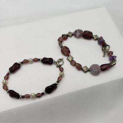 Purple and red and Sterling beaded bracelet