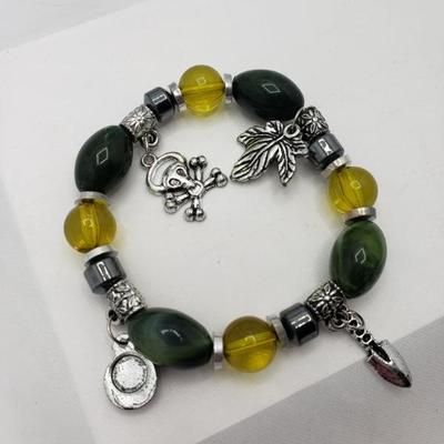 Green and yellow beaded charm bracelet