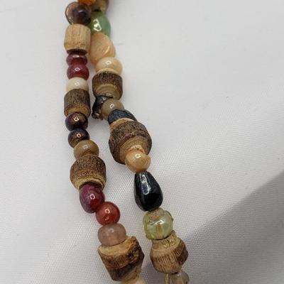 Long wood and glass beaded  necklace