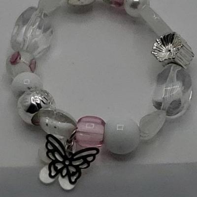 White, pink and silver butterfly bracelet