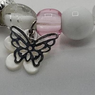 White, pink and silver butterfly bracelet