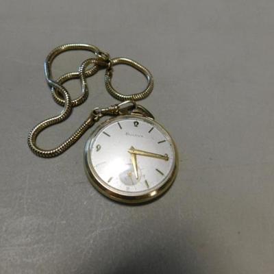 Bulova 10kt Roll Gold Pocket Watch with Chain 
