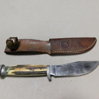 Stag Handle Hunter Knife with Leather Sheath 7.5