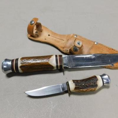 Edge Mark Solingen, Germany Bowie and Hunter Knife Set Stag Handle