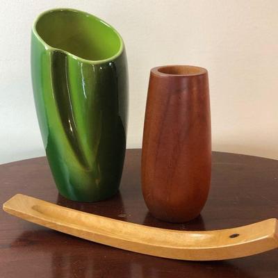 Lot #48 Ceramic LA Pottery and wood Vase and incent burner